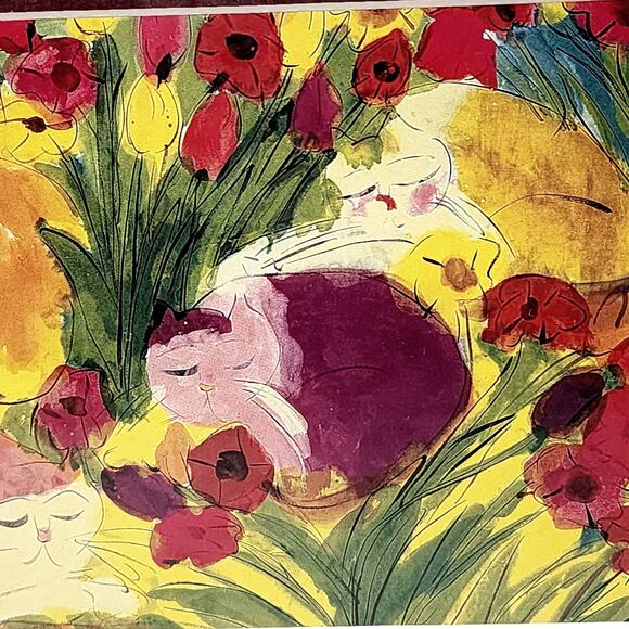 Sleepy Kitties Artwork - 8.75 Framed Pencil Drawing Watercolor of Cats in Garden - Picture 2 of 5